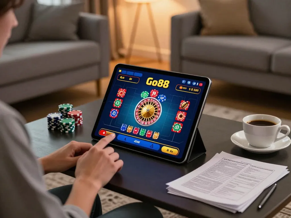 Engaging with the Go88 app while playing roulette in a cozy home setting, showcasing online gambling experience.