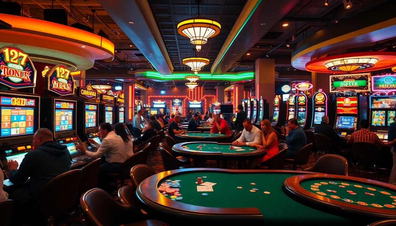 Engaging casino environment highlighting AT99娛樂 with vibrant players and illuminated atmosphere.