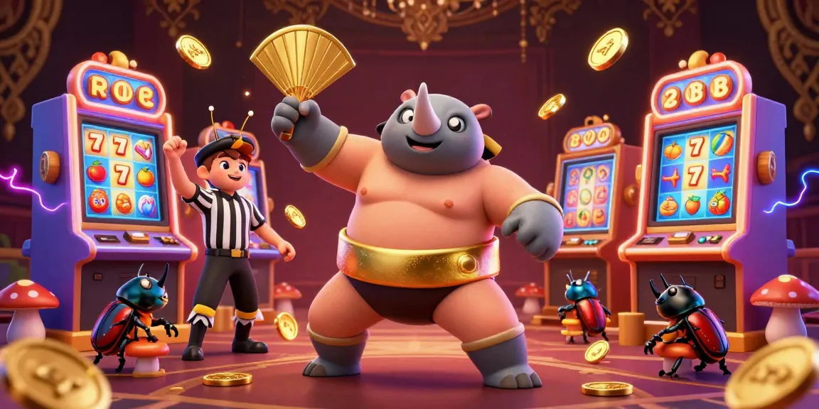 MPOID showcases a vibrant gambling scene with a rhinoceros beetle champion winning golden coins amid slot machines.