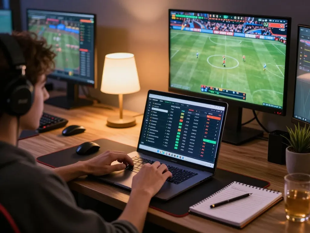 Engaging in sports betting at home using https://f168.sarl/ on a laptop amidst a cozy atmosphere, complete with notes and screens.