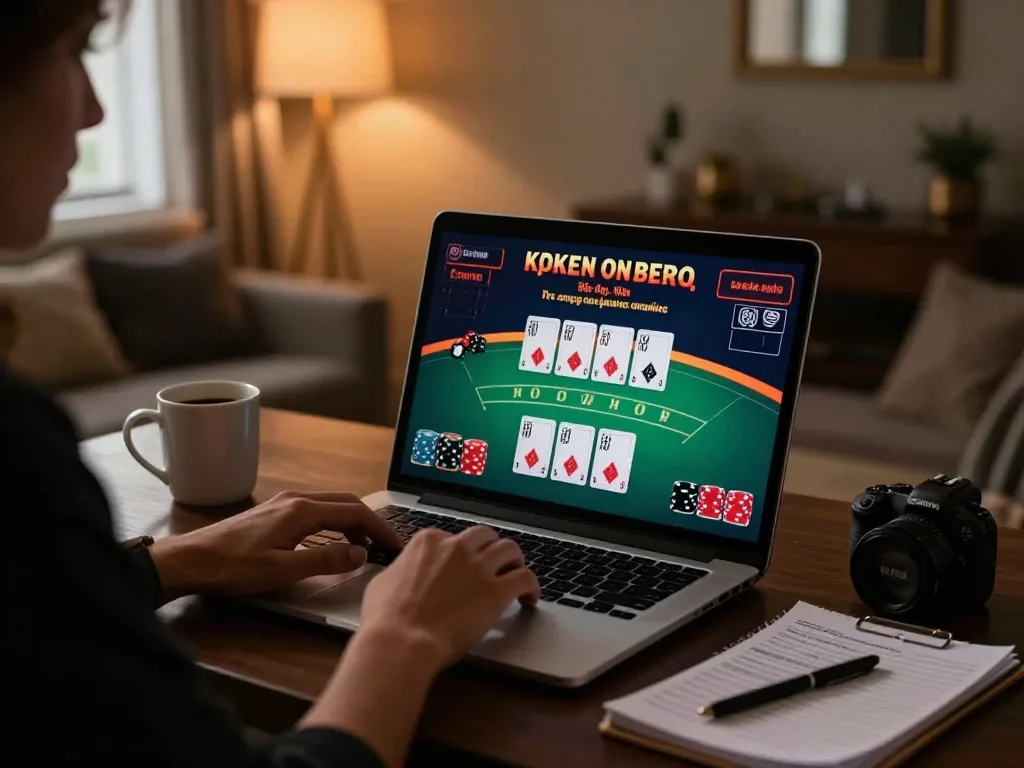 Player engaged in strategic online blackjack on 45678, with laptop displaying game interface and strategic notes nearby.