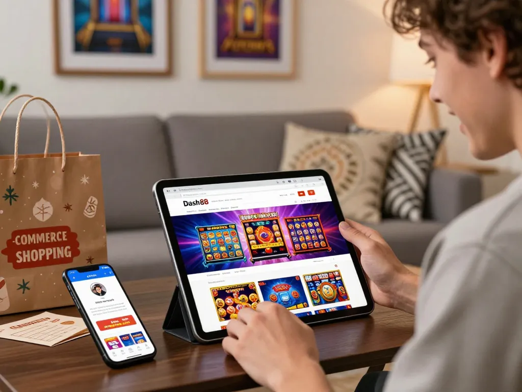 Customer browsing Dash88 for easy online slot games in a cozy home setting.