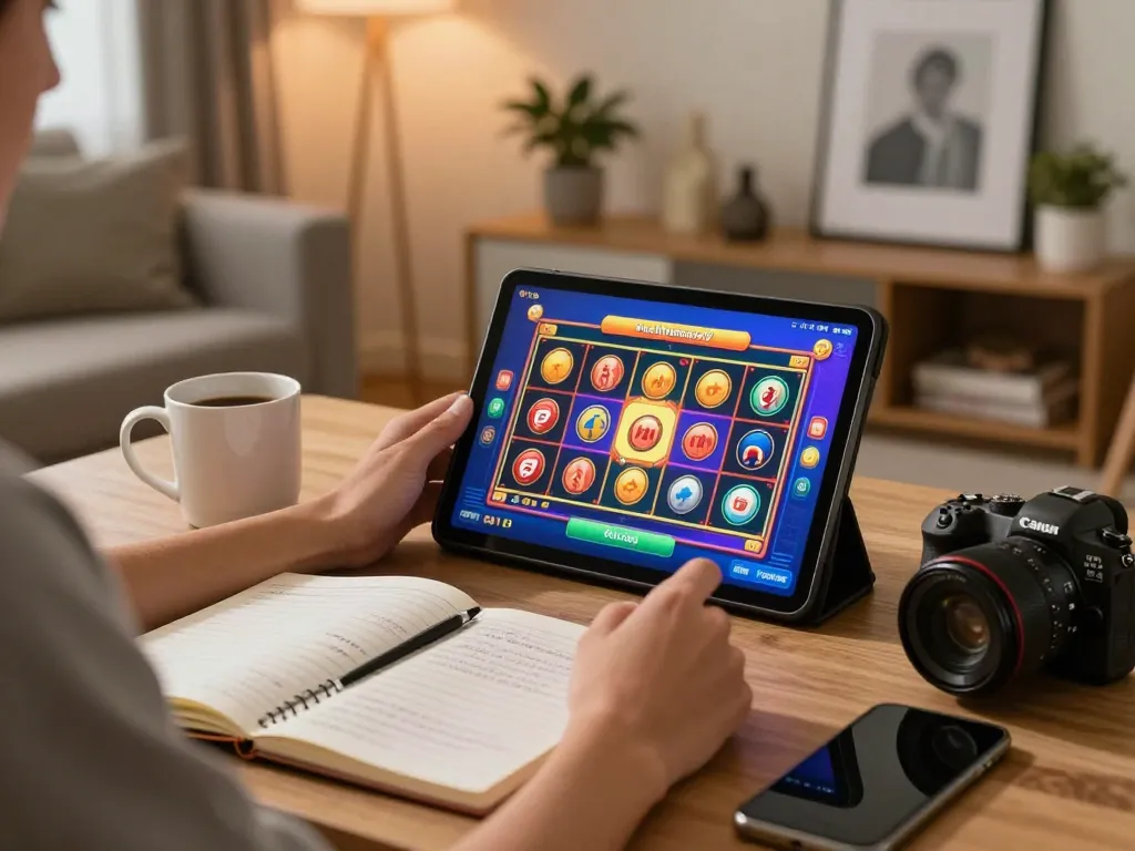 Player enjoying dash88 online slots on a tablet in a cozy home environment while reviewing gaming strategies