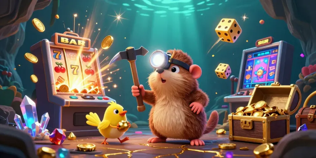 Experience excitement at this vibrant bitcoin casino with a treasure hunter and slot machine.