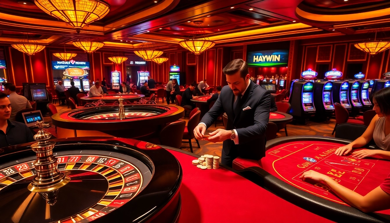 Experience the thrill of HAYWIN at luxurious casino tables with vibrant games and excited players.