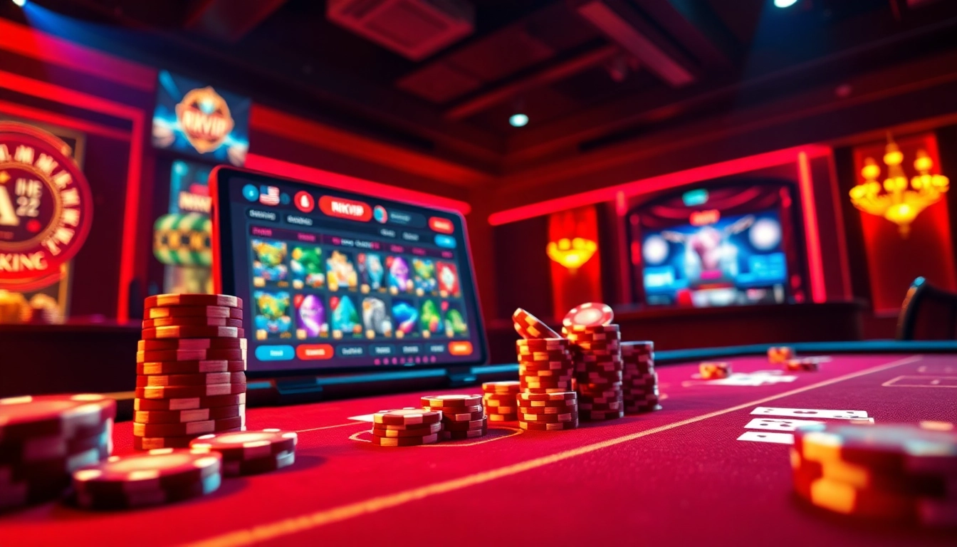 Players engaging in exciting games on the Rikvip platform, showcasing poker chips and digital screens.