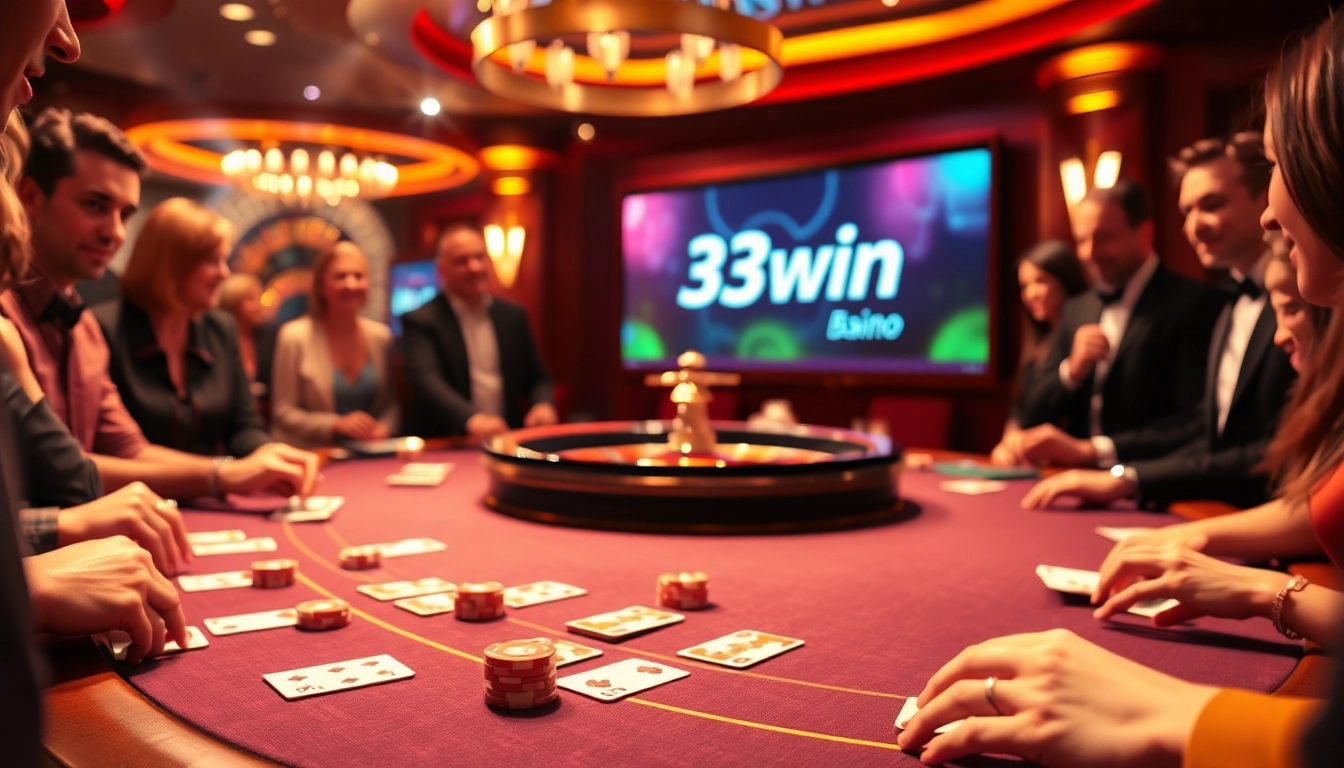 Players enjoy high-stakes blackjack at the 33win casino, surrounded by vibrant colors and excitement.