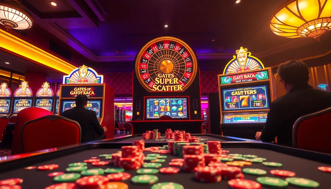 Engaging players enjoying the gates of gatot kaca super scatter at a vibrant casino setting.