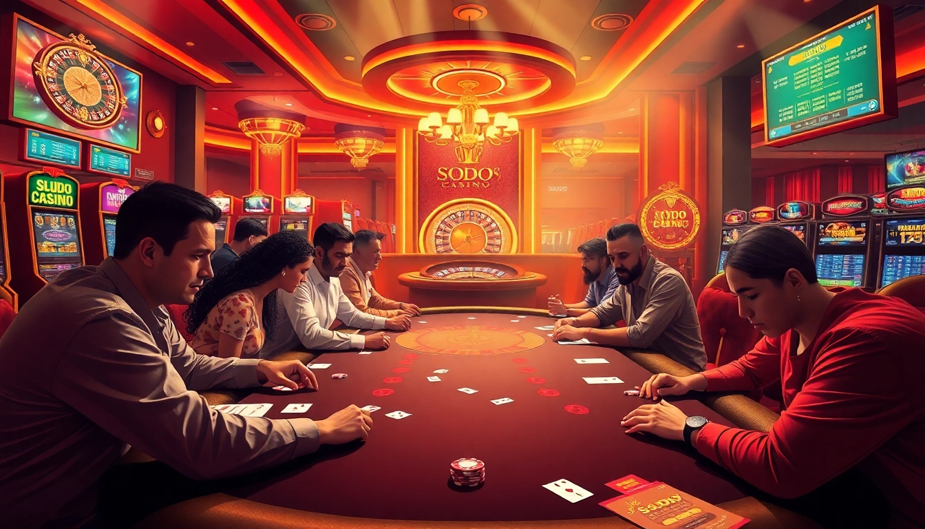 Players engaging in high-stakes games at SODO Casino, showcasing excitement with vibrant slots and poker tables.