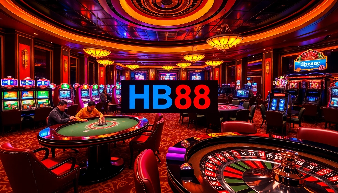 Exciting casino scene featuring HB88 with players at poker and roulette tables, enhancing gambling experience.