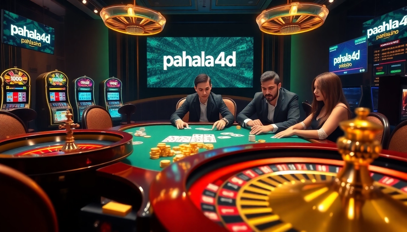 Players engaged in a high-stakes poker game at a luxurious casino table, highlighting pahala4d gaming excitement.