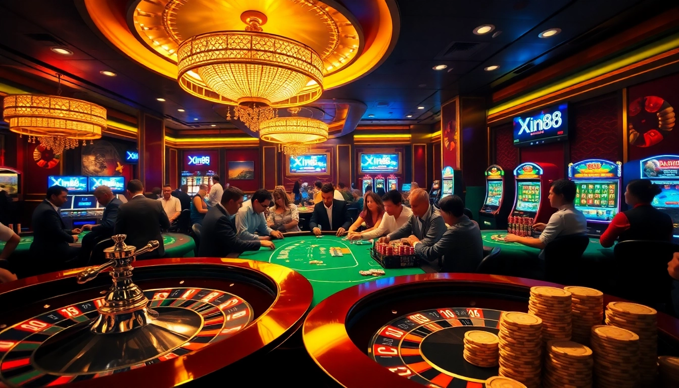 Players enjoy strategic betting at the luxury Xin88 casino with vibrant tables and thrilling games.