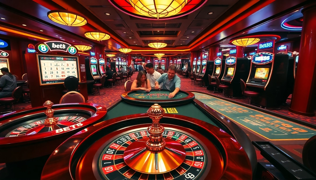 Experience the thrill of BET88 with players at vibrant casino tables and slot machines.