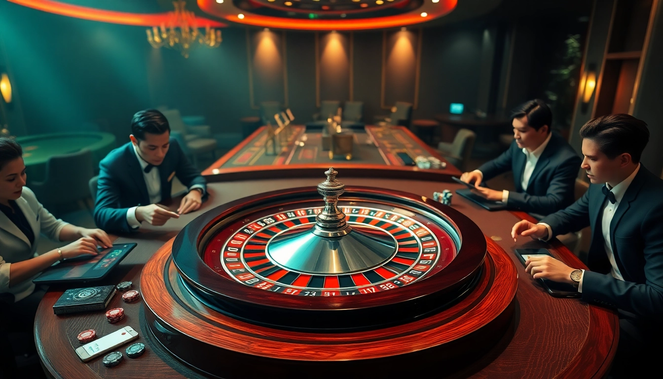 Adegan kasino yang mendebarkan menampilkan suasana judi datukwin dengan roda roulette dan para penjudi.