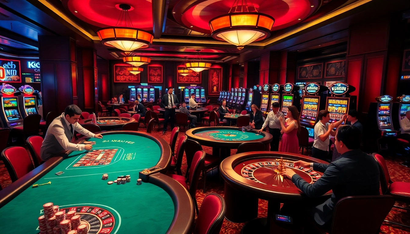 Exciting KUWIN casino scene with professional dealers and players winning at gambling tables.