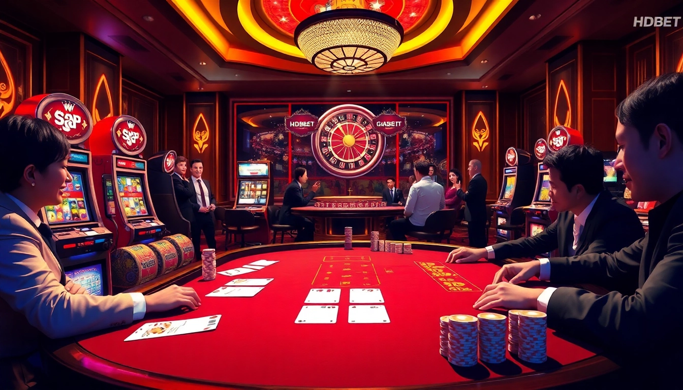 Experience excitement at an HDBET casino with players, vibrant slot machines, and a roulette wheel.
