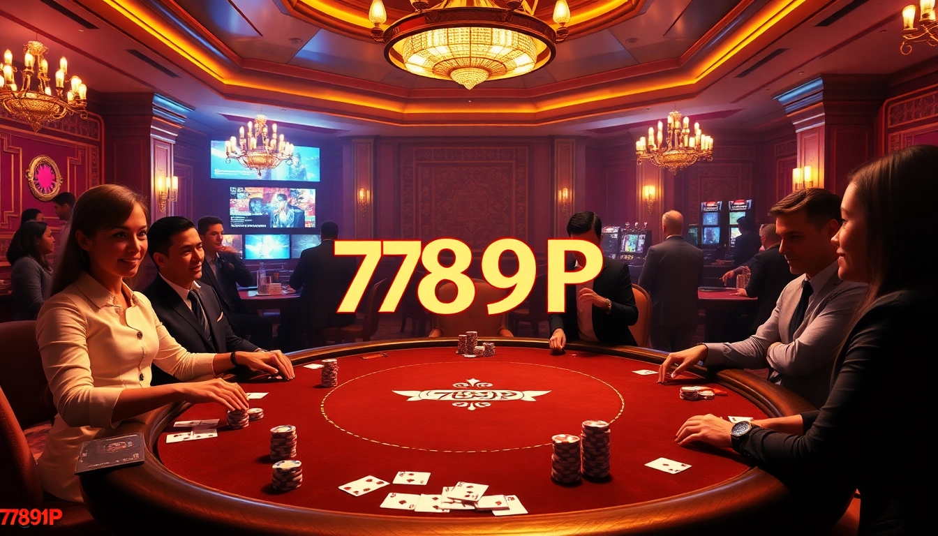 Experience the vibrant energy of 789P casino with players at a high-stakes poker table, luxurious ambiance.