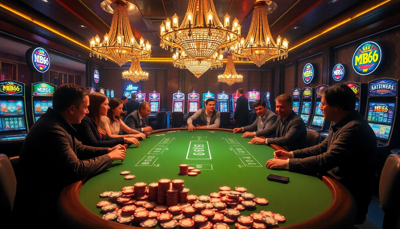 Players immerse in an exciting blackjack game at a casino table representing MB66's thrilling gambling experience.