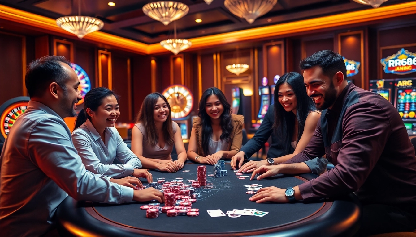 Engaging RR88 players at a poker table with vibrant casino elements.