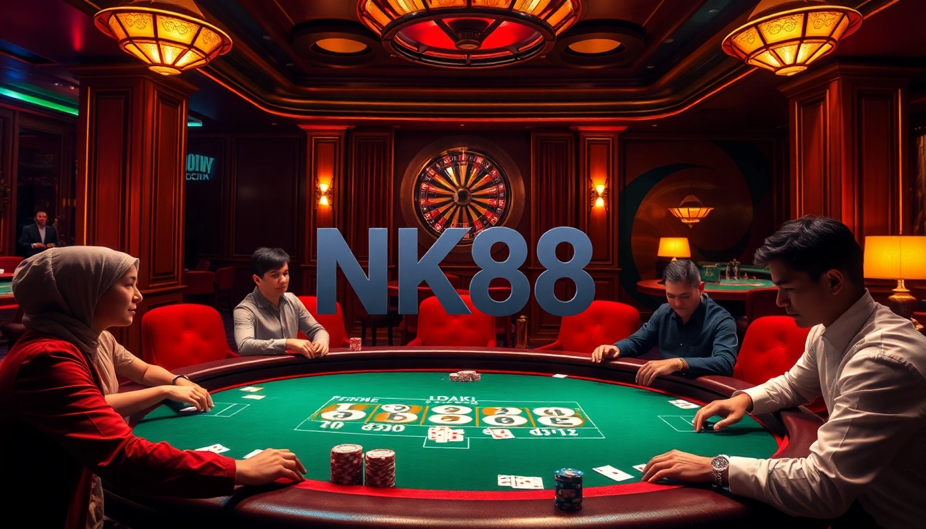 Intense poker gameplay at a luxury casino emphasizing NK88 with vibrant chips and cards.