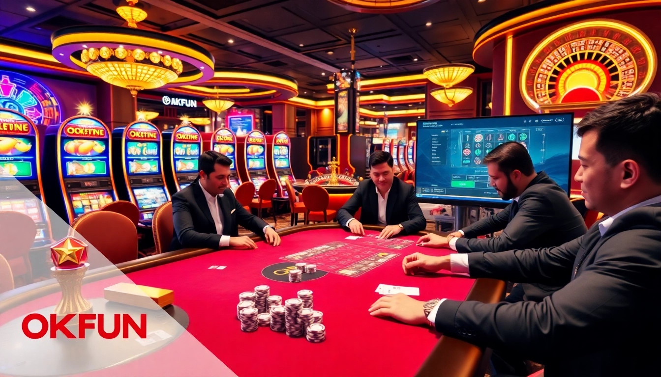 OKFUN players enjoying an exciting casino experience at poker tables.