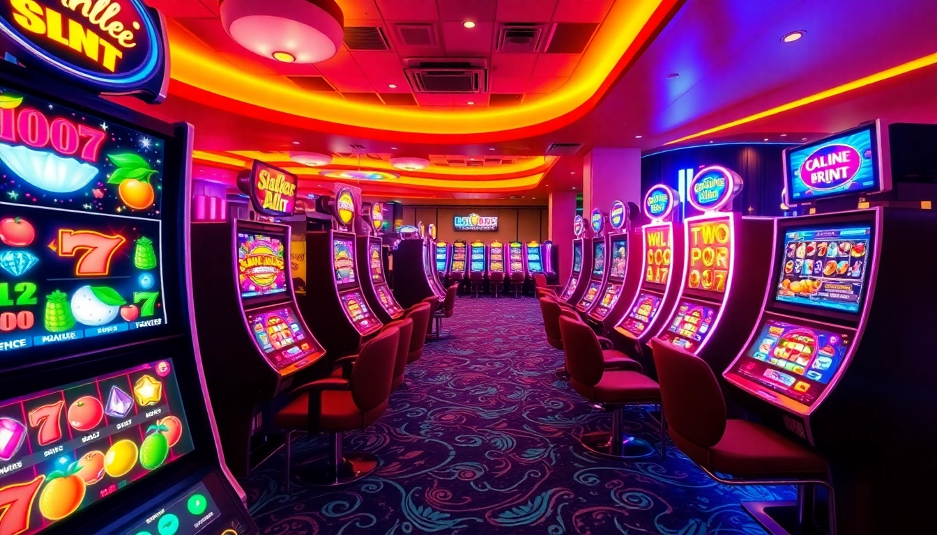 Winning on slot online at a vibrant digital casino with animated slot machines.