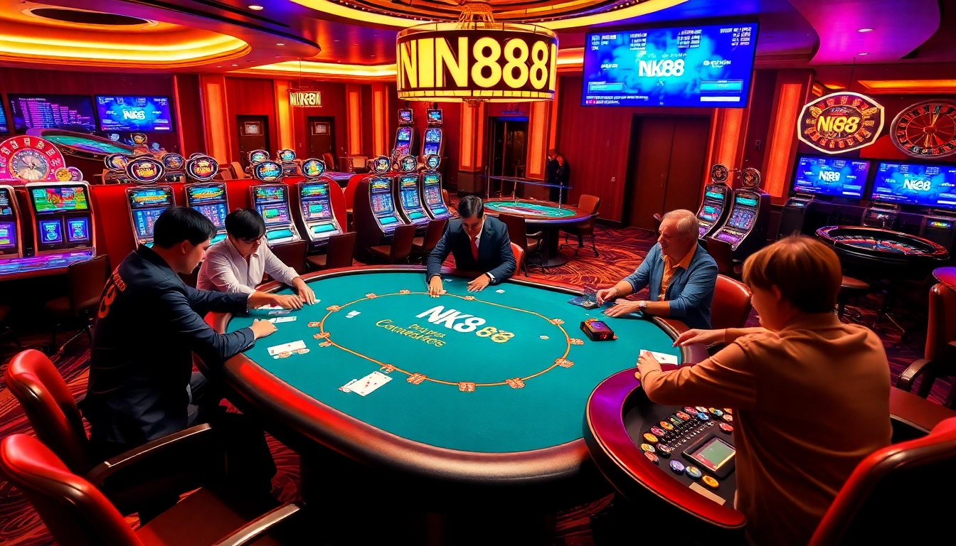 Experience the thrill of gambling at NK88, where players engage in exciting poker games surrounded by vibrant casino visuals.