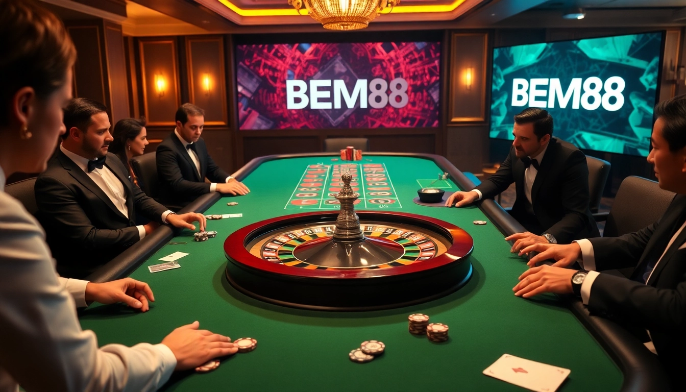 BEM88 branding featured within a vibrant casino scene at a roulette table with excited players.