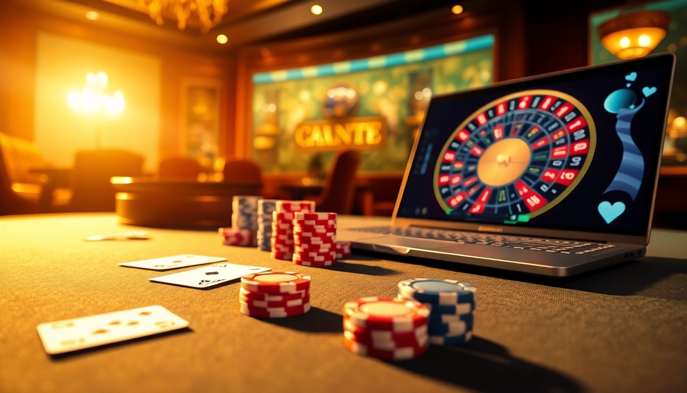 Lô đề trực tuyến betting scene with poker chips, cards, and roulette wheel showcasing excitement.