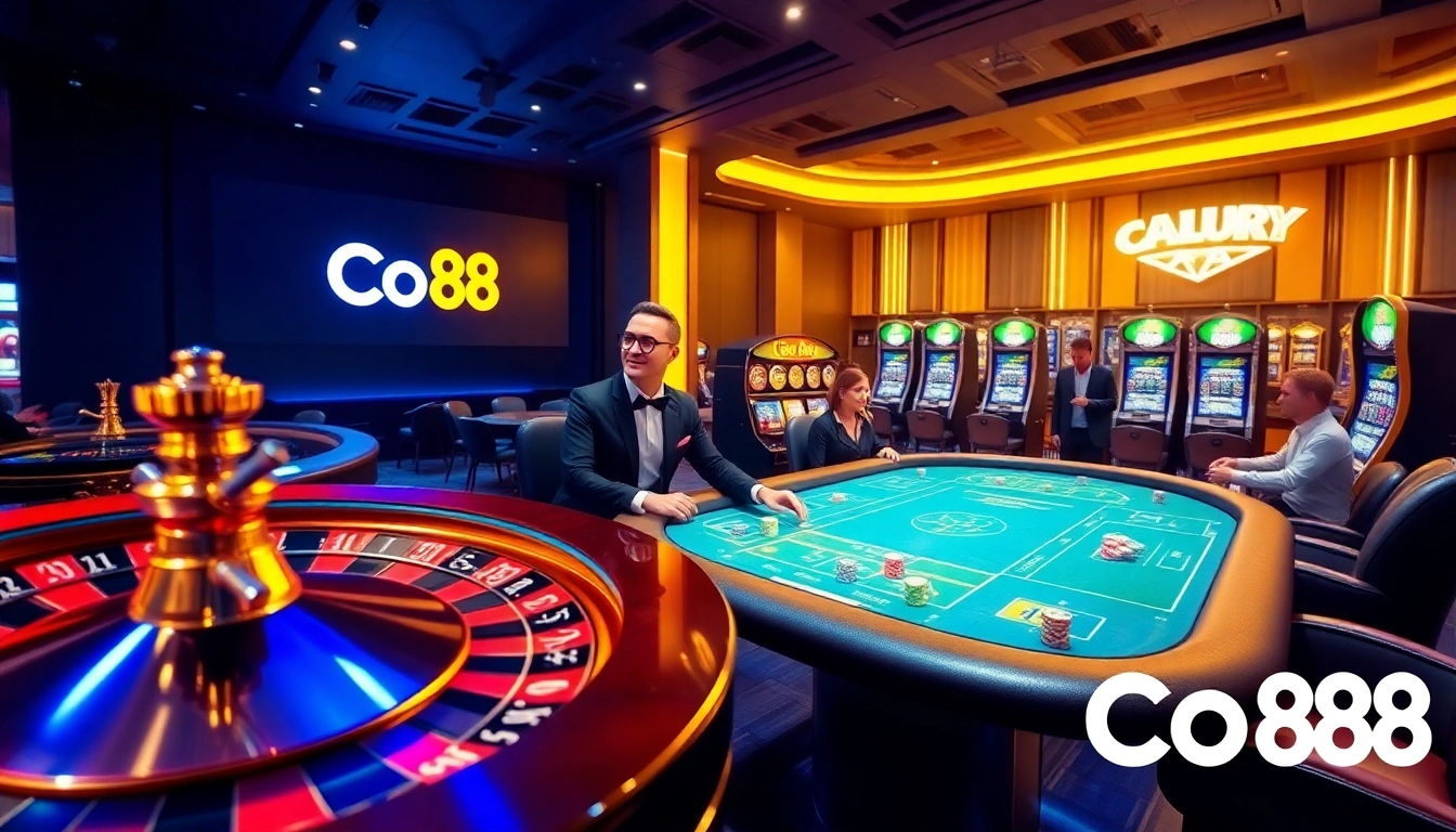 Co88 gamblers strategizing at a vibrant poker table in a luxurious casino setting.
