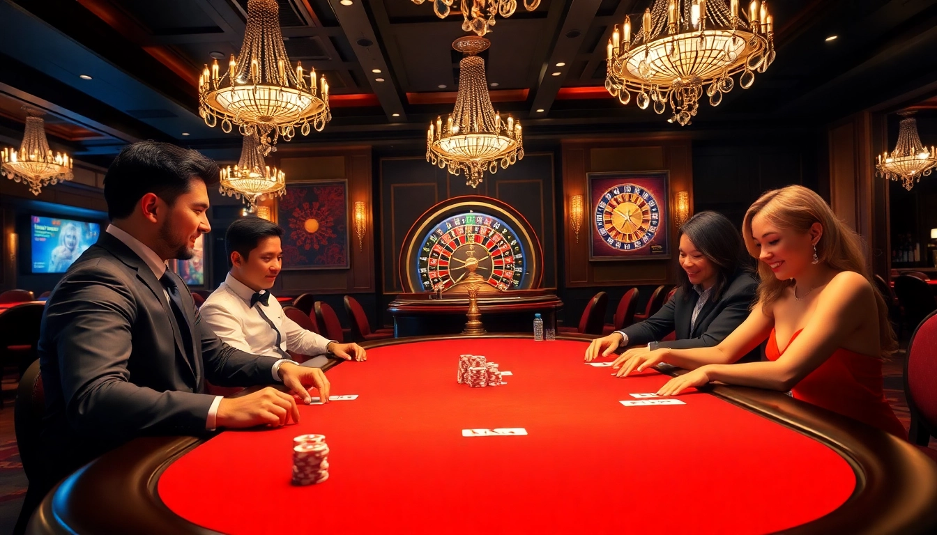 Exciting poker action at a lavish casino table symbolizing เว็บตรง soibet, featuring players and vibrant gaming chips.