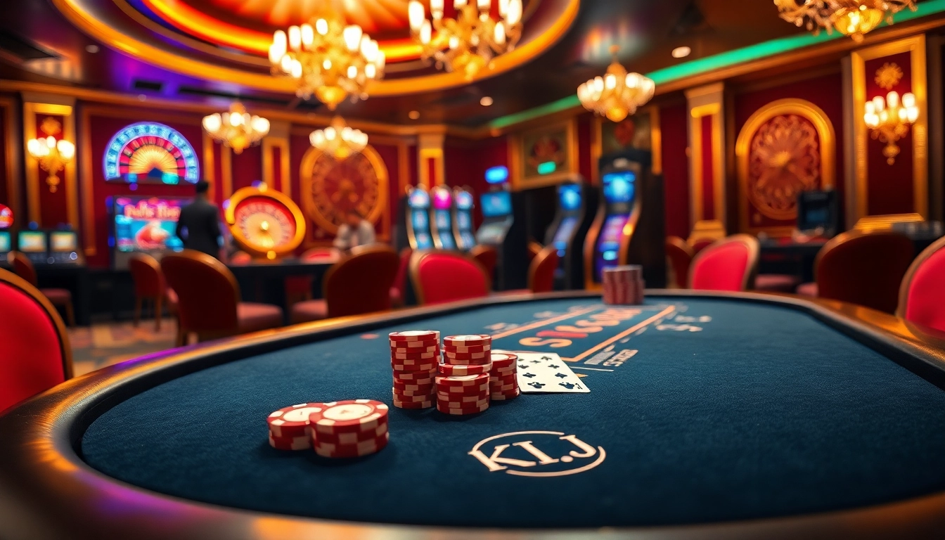 KJC casino scene showcasing players at a professional poker table with vibrant atmosphere and a roulette wheel.