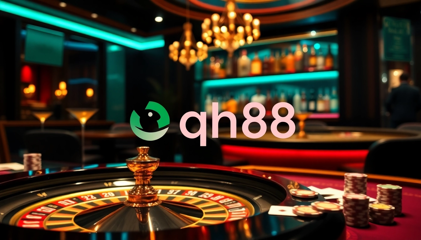 A dynamic gaming scene at qh88 casino featuring luxurious poker chips and roulette wheel in an elegant setting.