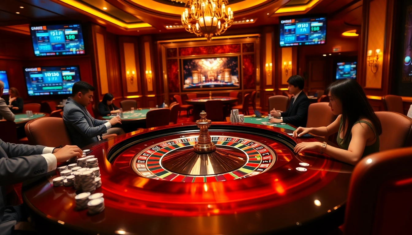Excited players engaging in lô đề uy tín at a luxurious roulette table in a vibrant casino.