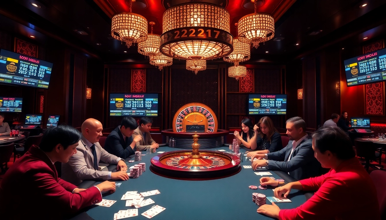 Soi cầu 247 action at a luxurious casino table with professional poker players and roulette.