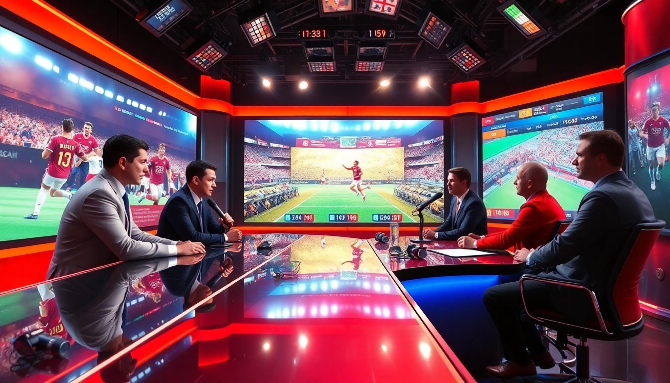 Engaging sports broadcasting scene featuring a live anchor and analysts discussing games.