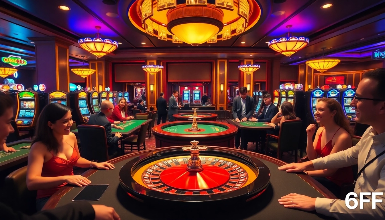 Players enjoying the exciting gaming experience at 6FF Casino with lively roulette tables and friendly dealers.
