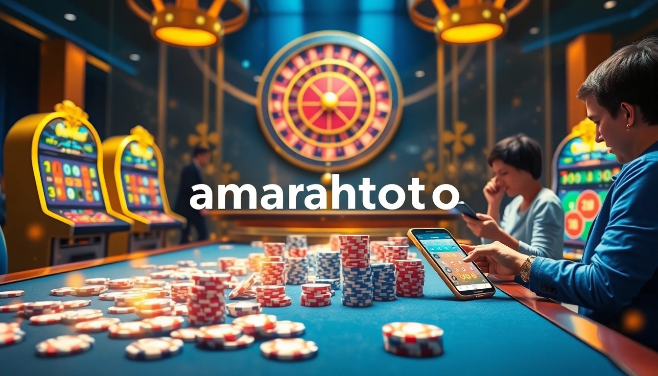 Experience the thrill of online gambling with amanahtoto, featuring digital poker chips and a spinning roulette wheel.