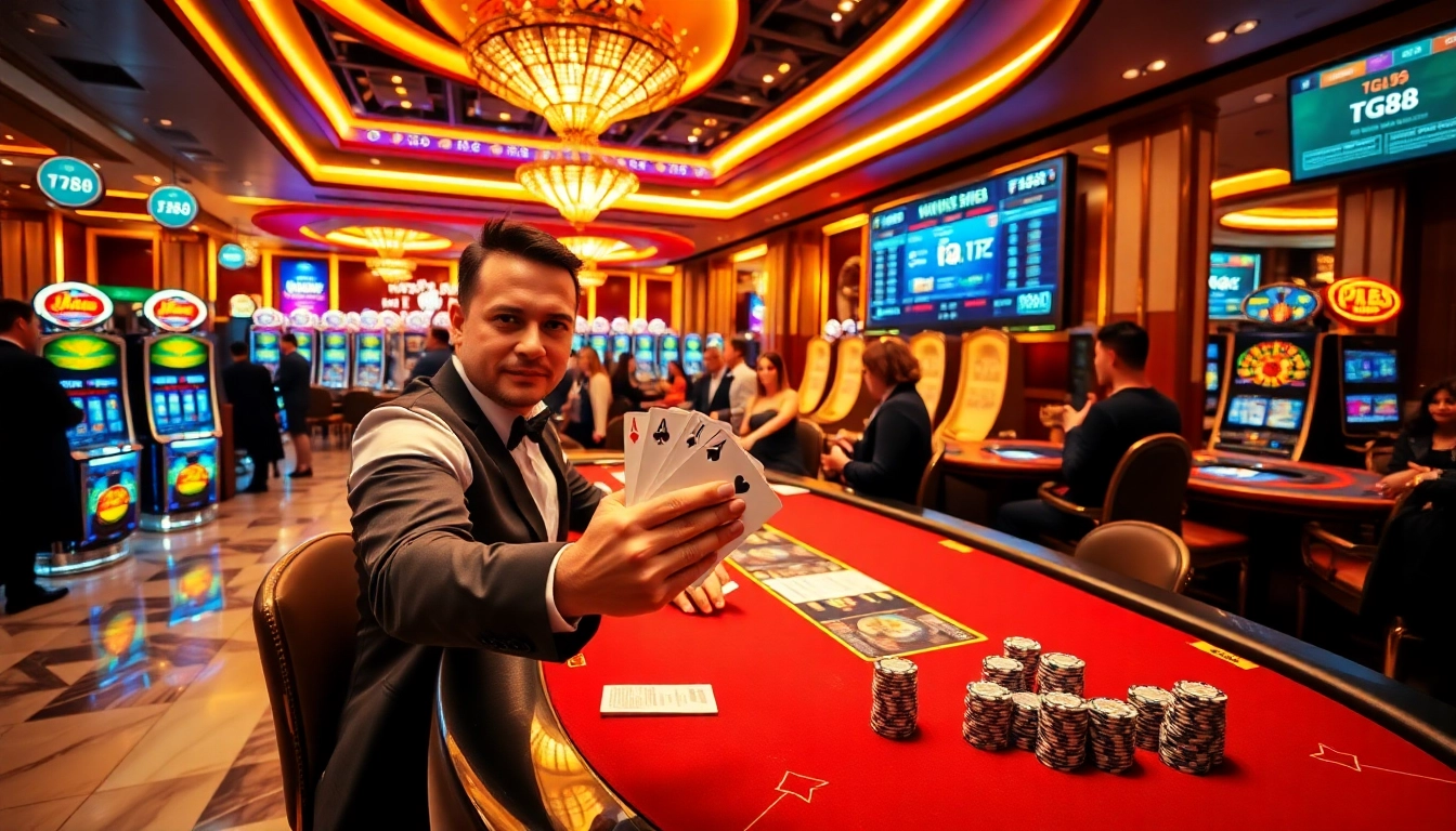 Engage in high-stakes poker at tg88, surrounded by vibrant slots and a luxurious casino ambiance.