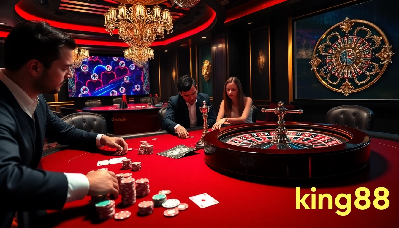 Experience king88 excitement at a vibrant poker table with chips, cards, and a roulette wheel gleaming.
