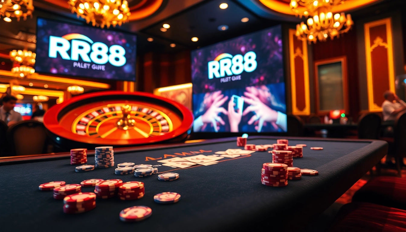 Experience the excitement of gambling at RR88 with a luxurious casino atmosphere featuring poker tables and roulette wheels.