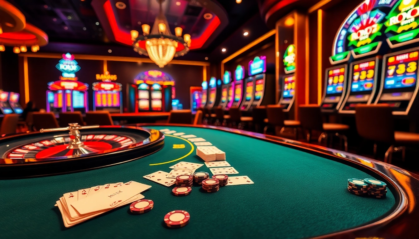 RR88 offers an exciting casino atmosphere featuring a luxury blackjack table and vibrant slot machines.