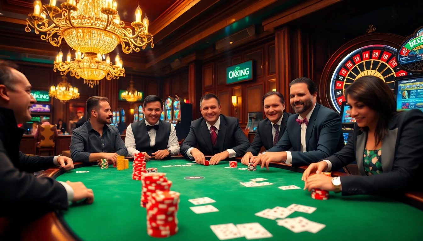 Experience high-stakes action at the Okking poker table with vibrant chips and thrilling roulette.