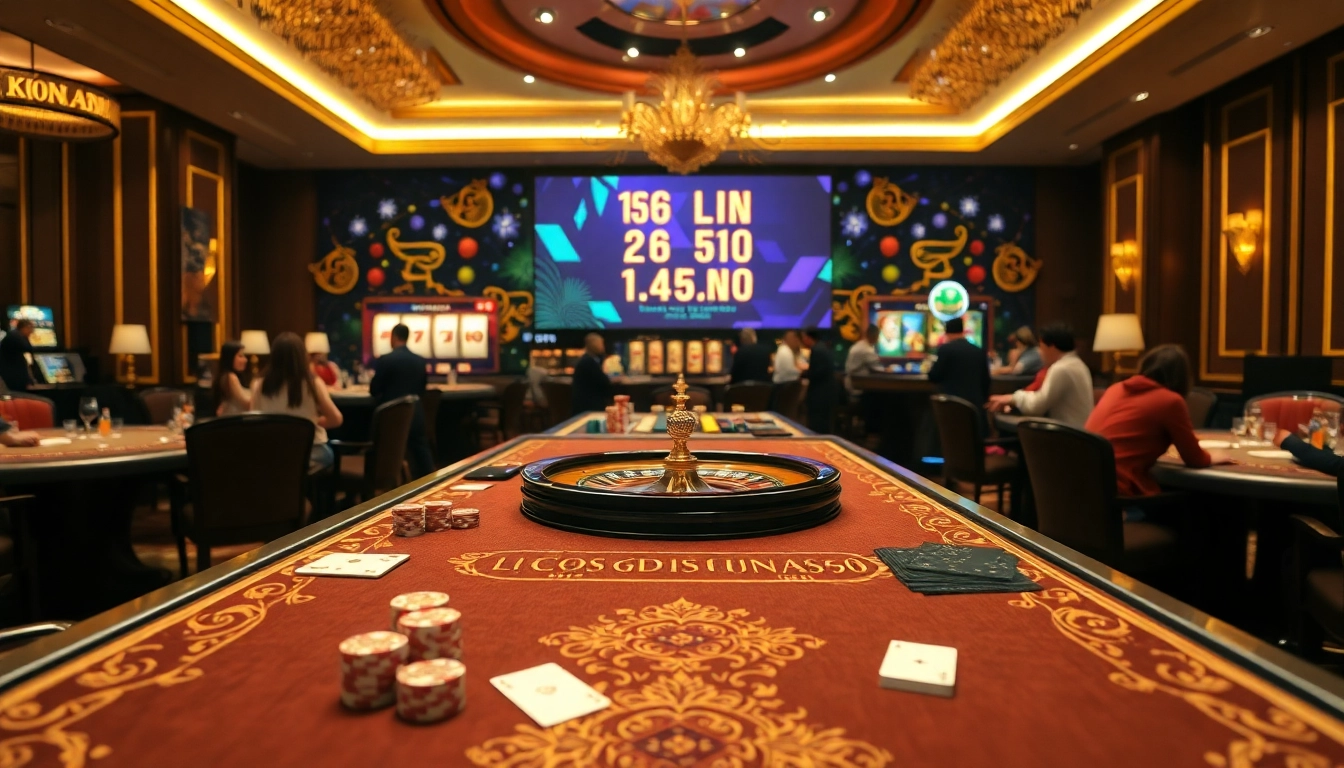 Players placing bets at a luxurious casino table showcasing tỷ lệ nhà cái in a vibrant atmosphere.