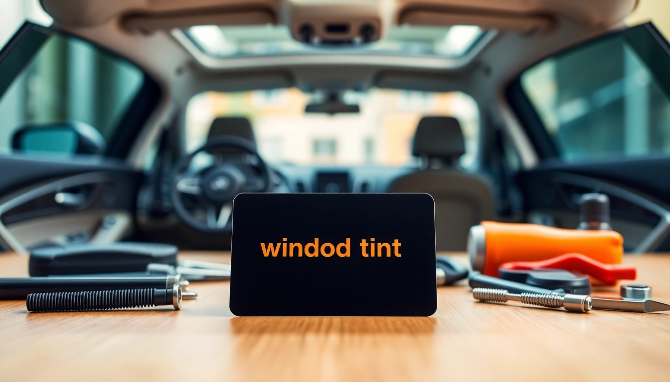 Get a window tint gift card displayed on a wooden table with auto tools.