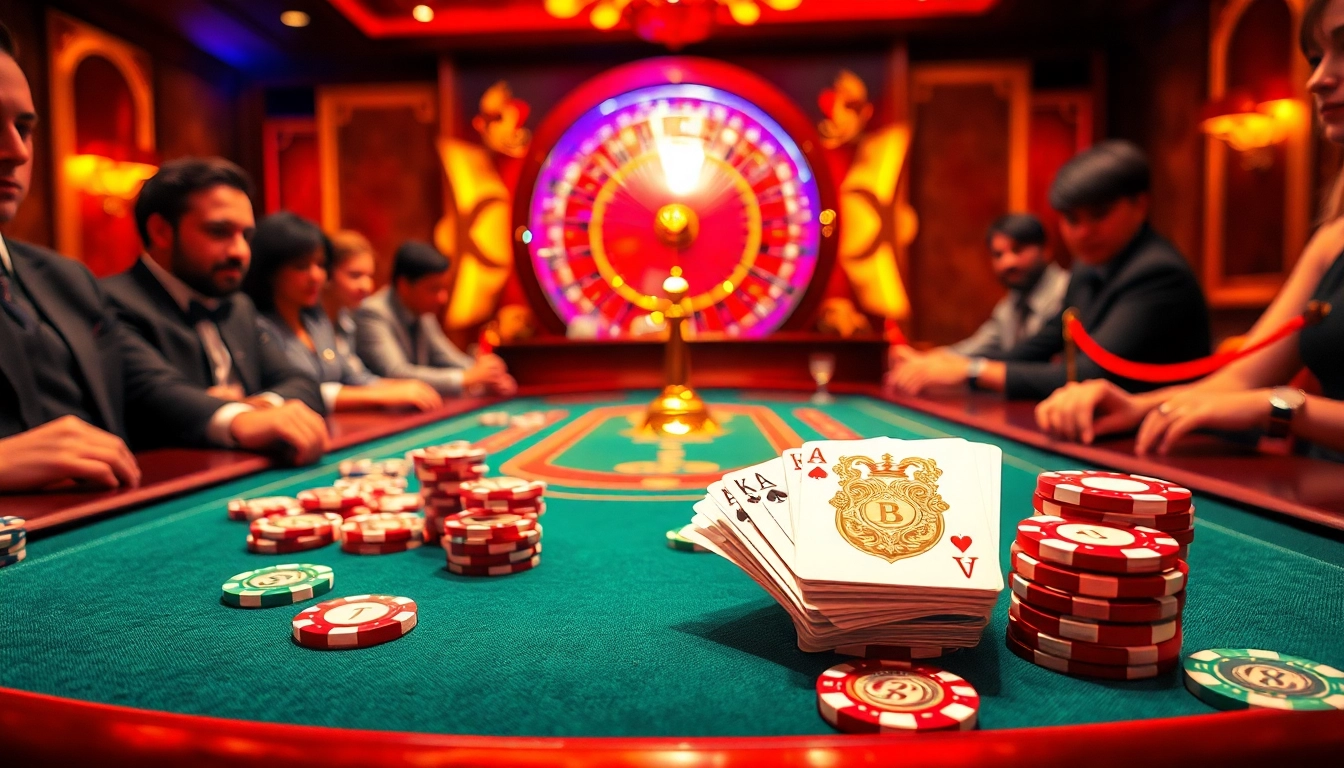 A lively casino scene focused on players engaging at the j88-themed gaming table, featuring vibrant poker chips and sleek cards.