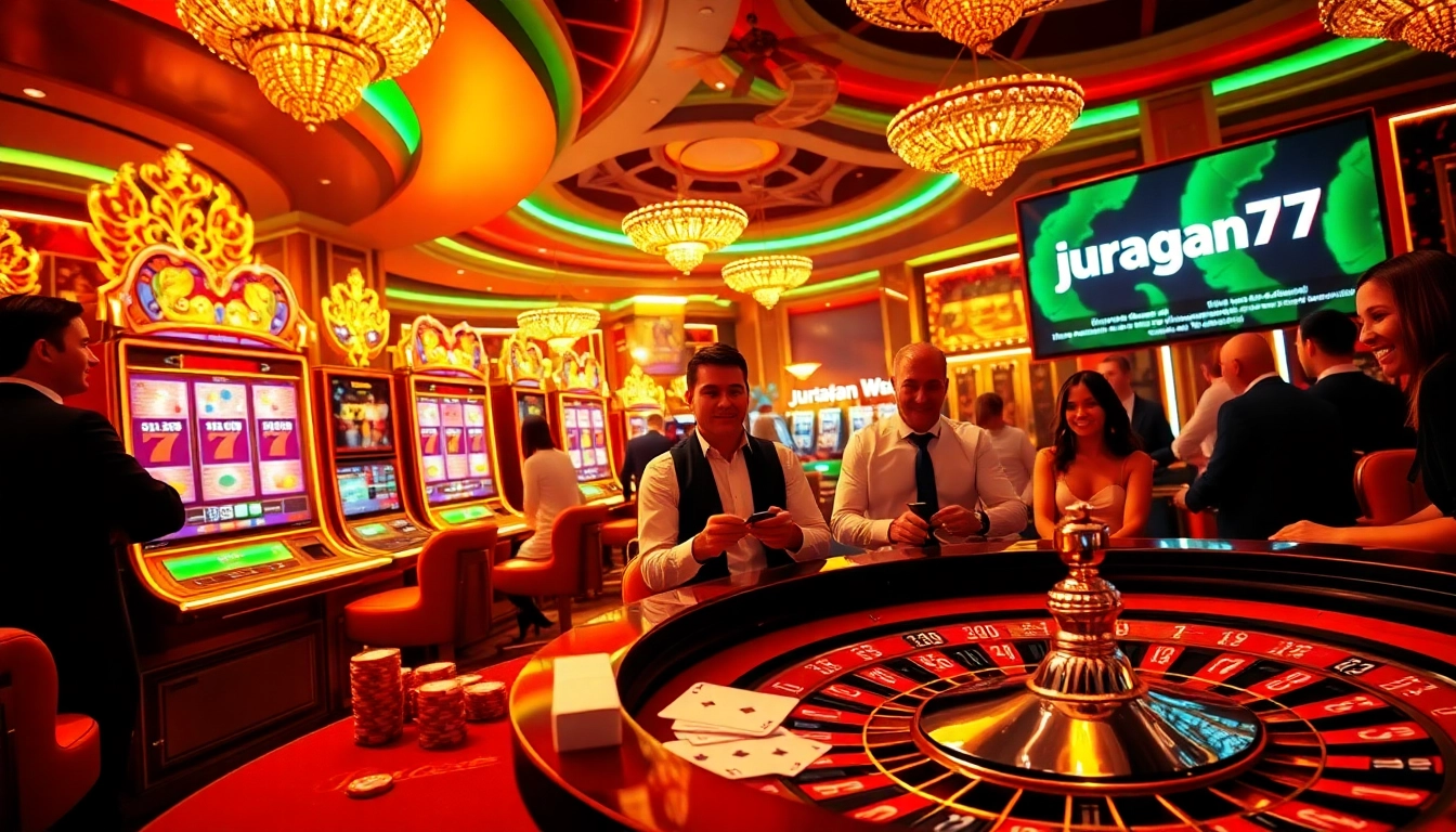 Exciting casino scene with diverse players enjoying games, featuring juragan77 slot machines and roulette table.