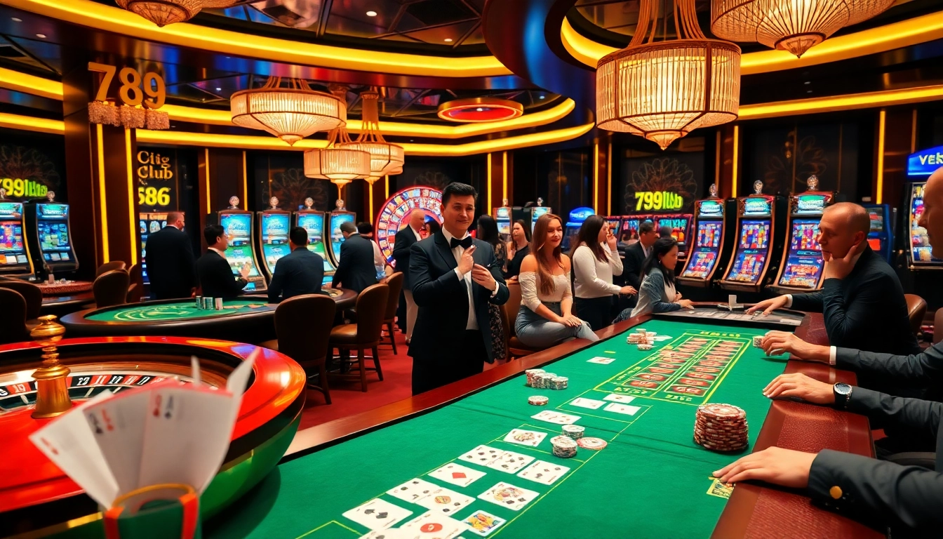 Exciting gaming action at 789club with vibrant casino tables and enthusiastic players engaged in gambling activities.