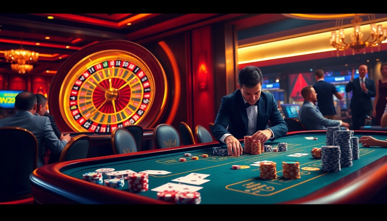 Experience the thrill of gambling at https://j88.gives/ with an engaging casino scene featuring tables, cards, and dice.