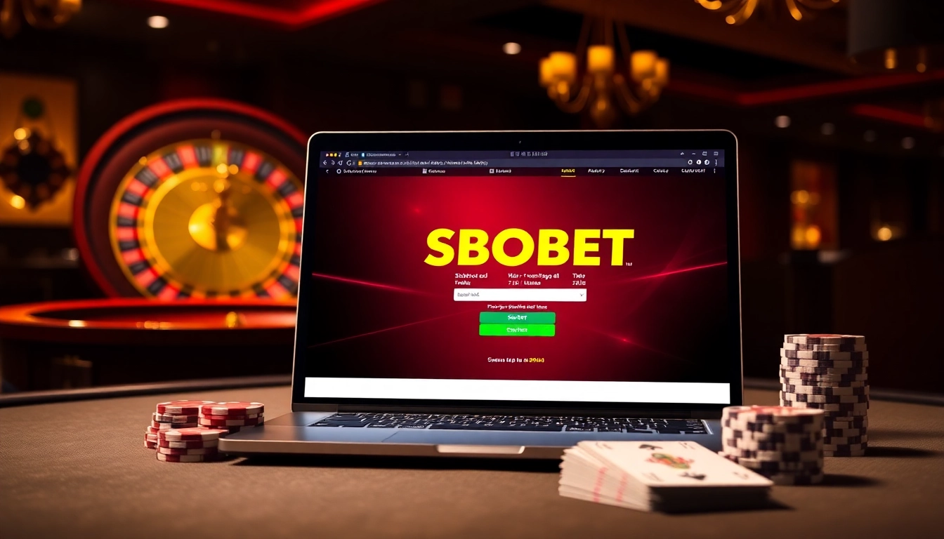 Enter the sbobet login indonesia page on a sleek laptop amidst an exciting casino environment.